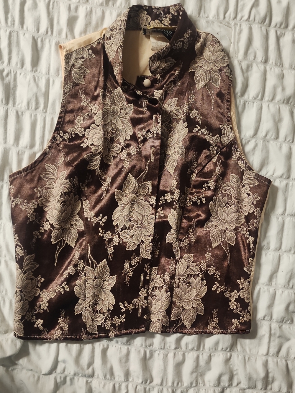 Floral Velvet Mandarin Collar Vest - Brown